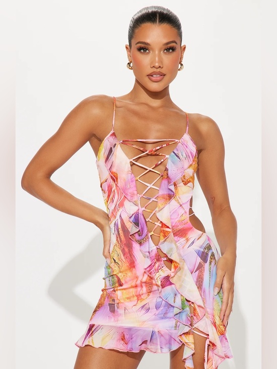 Fashion Nova Dresses & Skirts - Fashion Nova Pink Multi Marble-Print Lace-Up Mini Dress